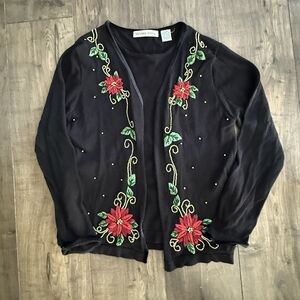 VJ VTG Sweater M Christmas Poinsettias Black Beaded Pearls Button Up Cardigan